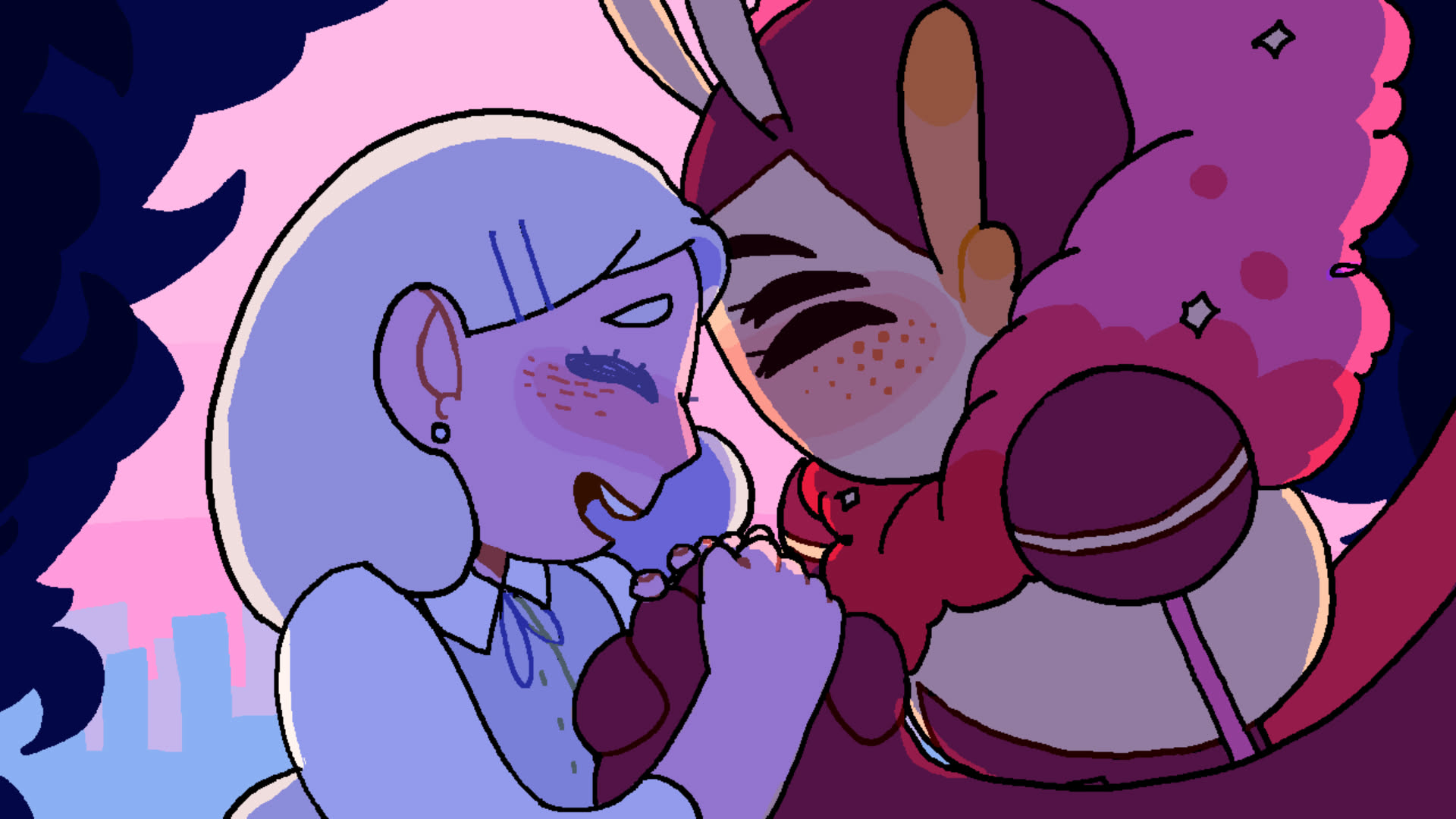 Indie VNs and Adventures Gallery Preview. A human girl and a humanoid bee girl holding hands and smiling