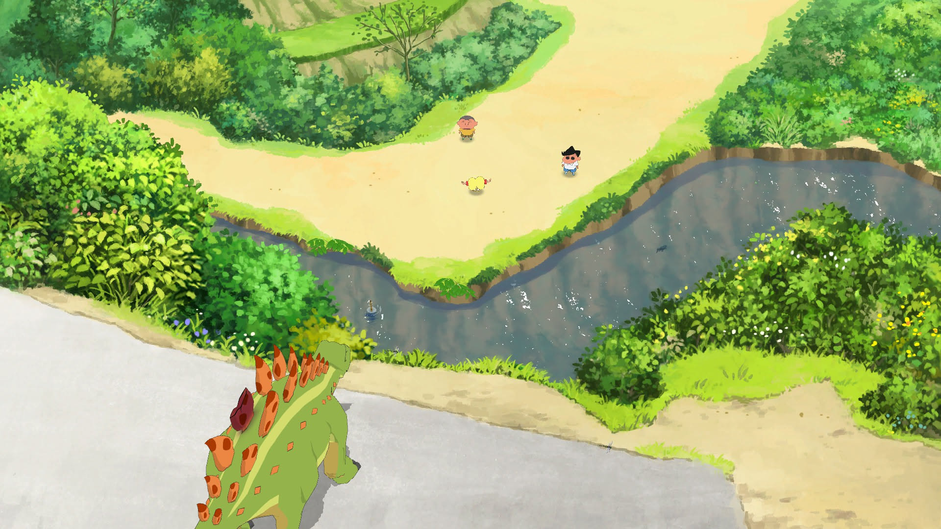 Shin-chan Me and the Professor Gallery Preview. A green dinosaur on a road overlooking a river with Shin-chan bending over and 2 friends next to him
