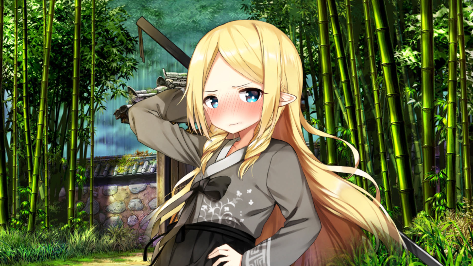 The Fox Awaits Me Gallery Preview. A girl with a sword in a traditional Japanese setting blushing embarrassingly