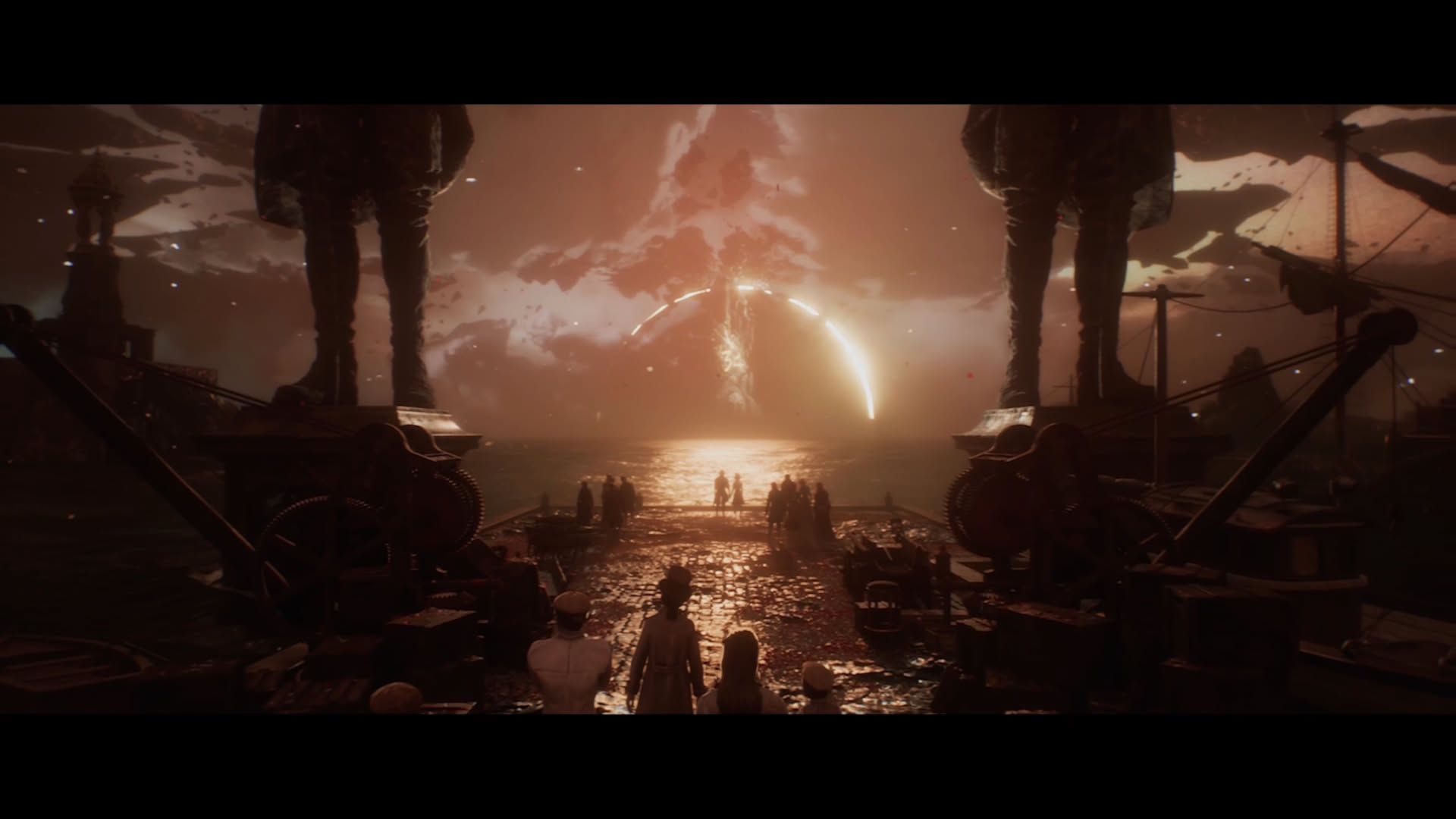 Clair Obscur Gallery Preview. Artistic screenshot with two large sculptures and a beautiful sunset
